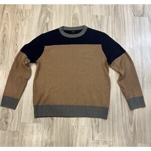 J Crew Sweater Mens 100% Wool Crewneck Tan/Blue/Silver Color-block EUC Large